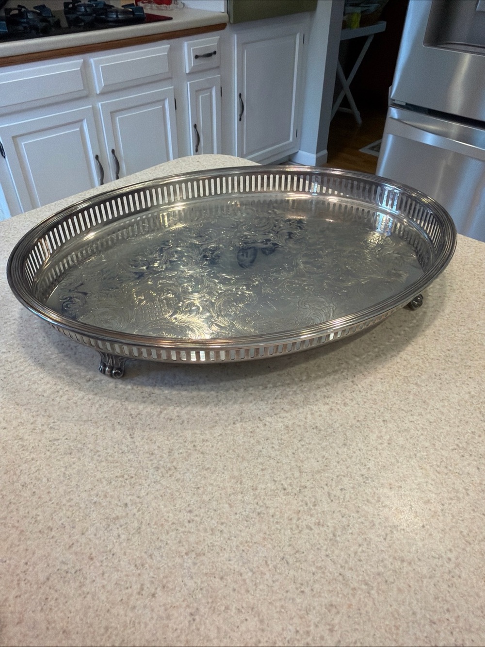 Ornate Vintage Silver-plated  Oval Footed Serving Tray pattern is Bristol